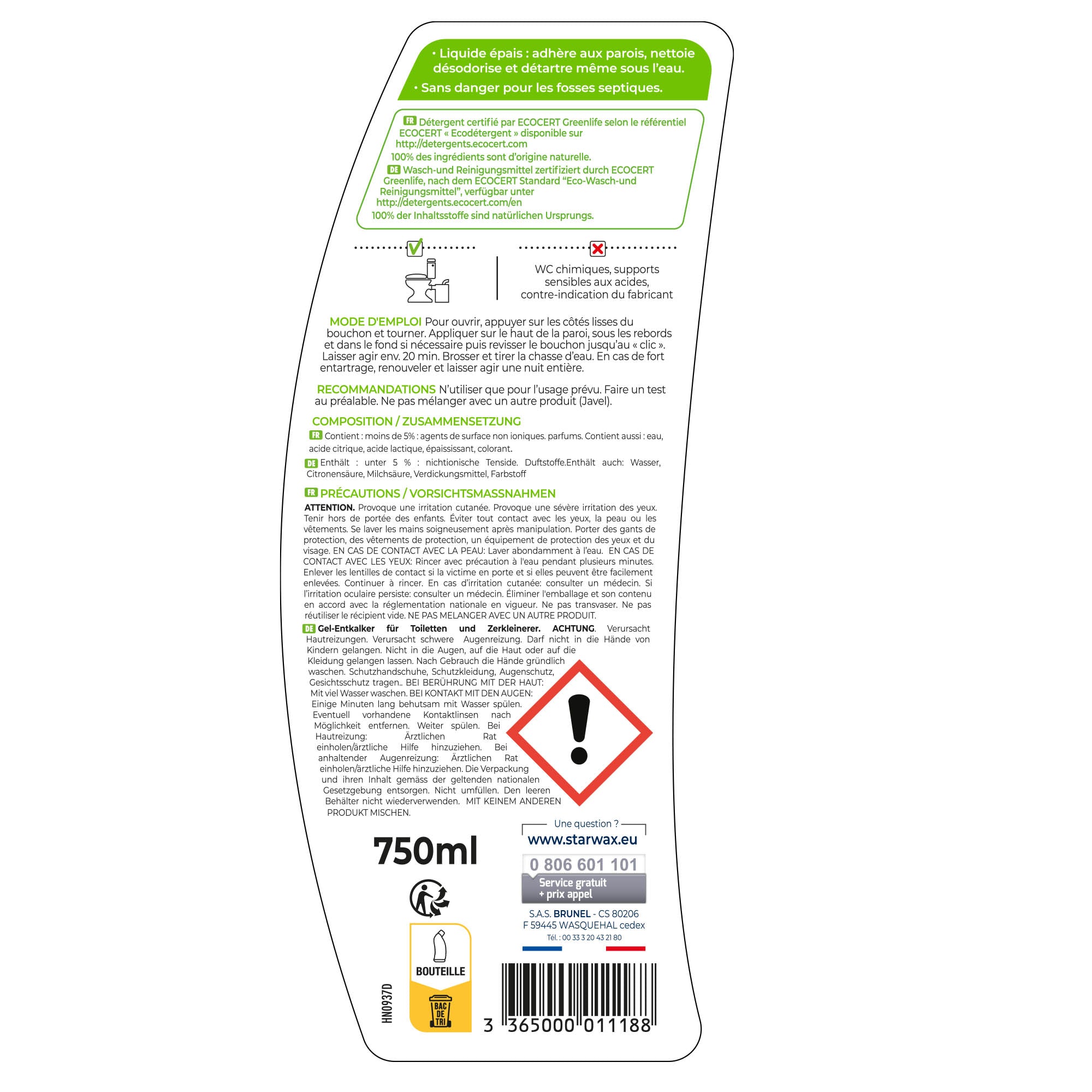 STARWAX SOLUVERT - Détartrant en gel pour WC et broyeurs Ecocert 750ml
