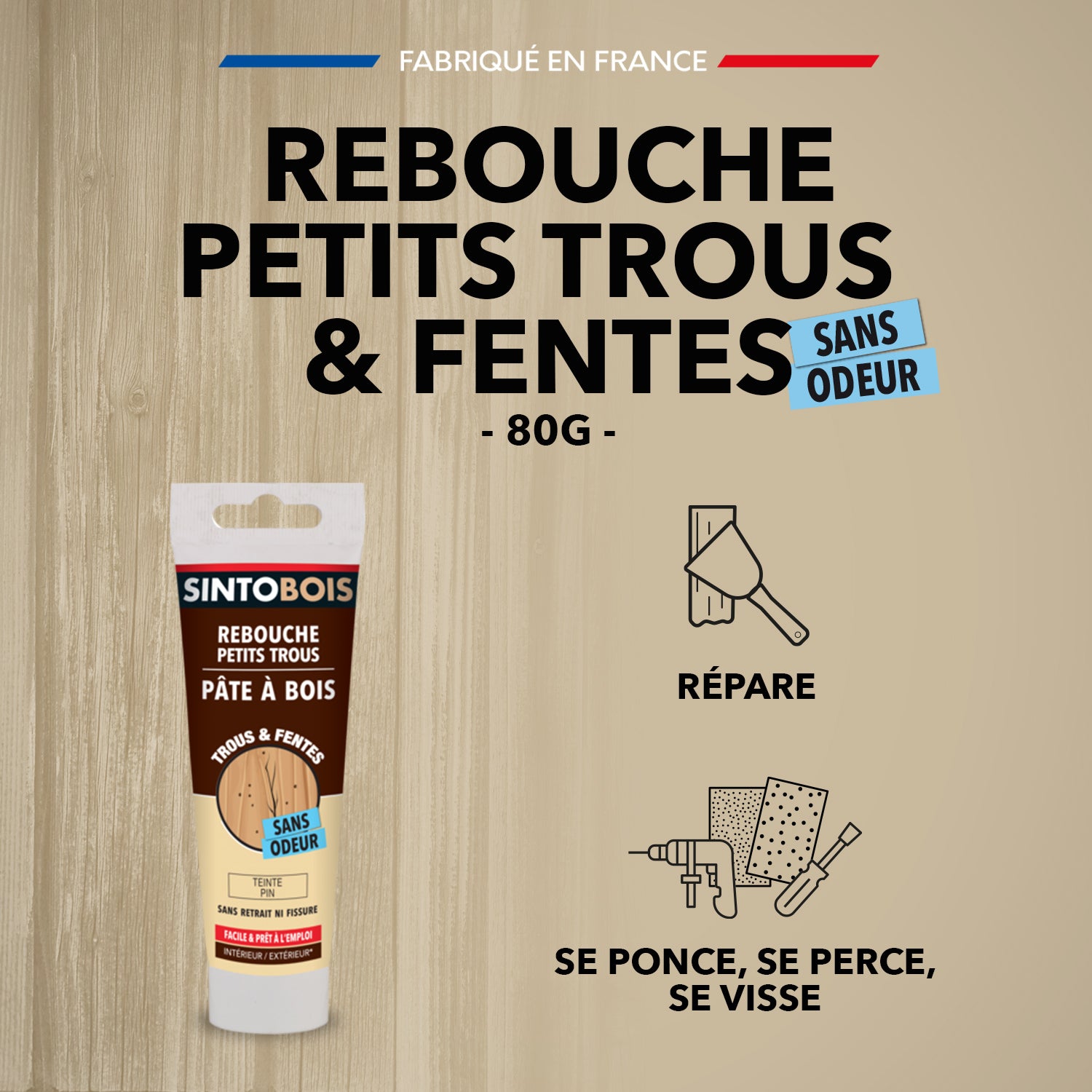 SINTO - Rebouche imperfections - Pâte à bois naturel 80g Blanc
