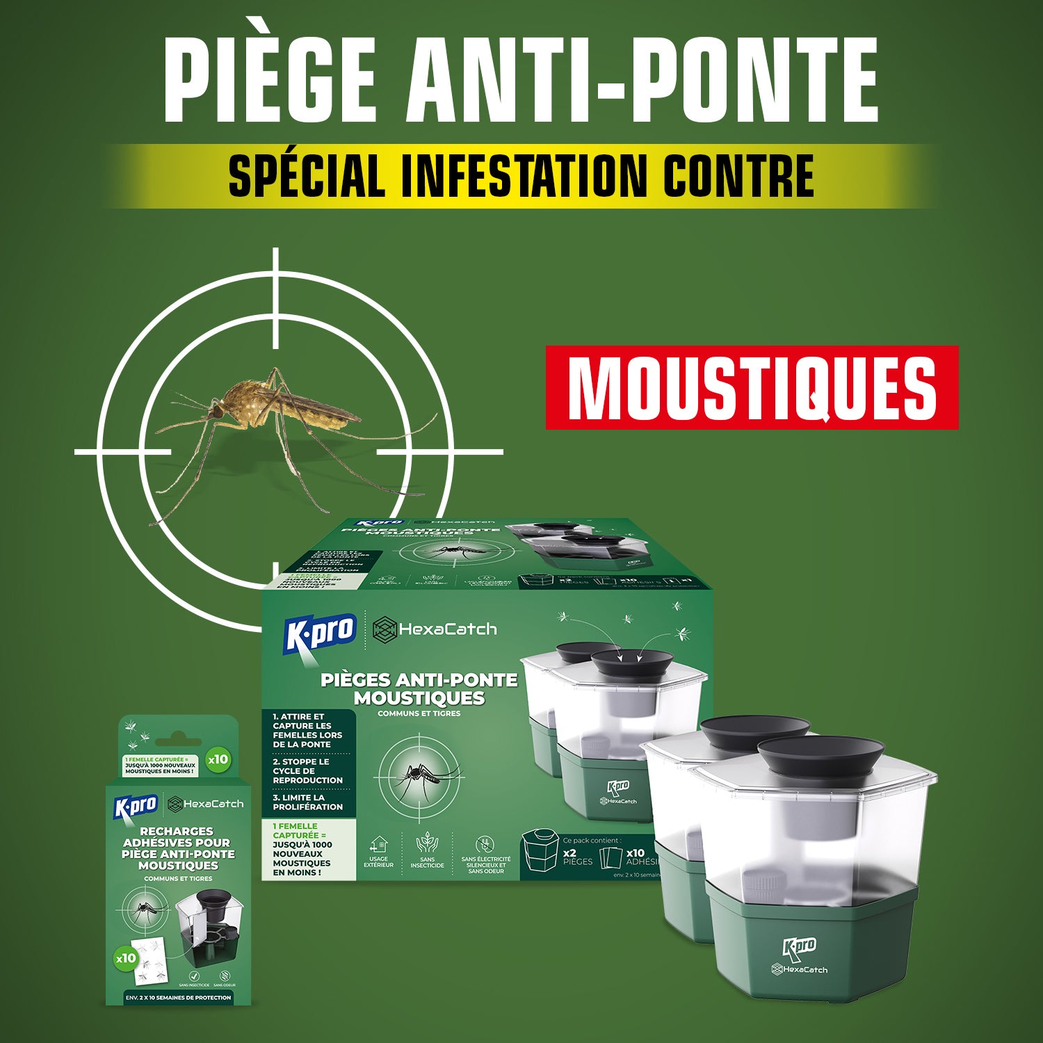 K.PRO - Pack de 2 Pièges anti-ponte moustiques communs et tigres + 10 adhésifs 2 Pièges + 10 adhésifs