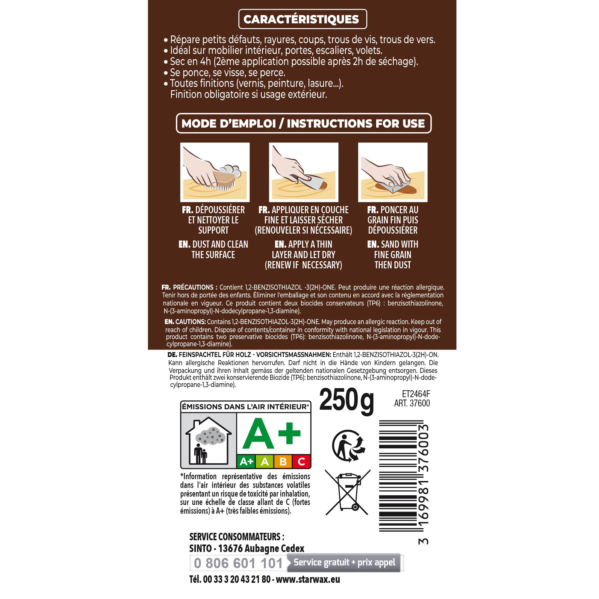 SINTO - Rebouche imperfections - Pâte à bois naturel 80g Blanc