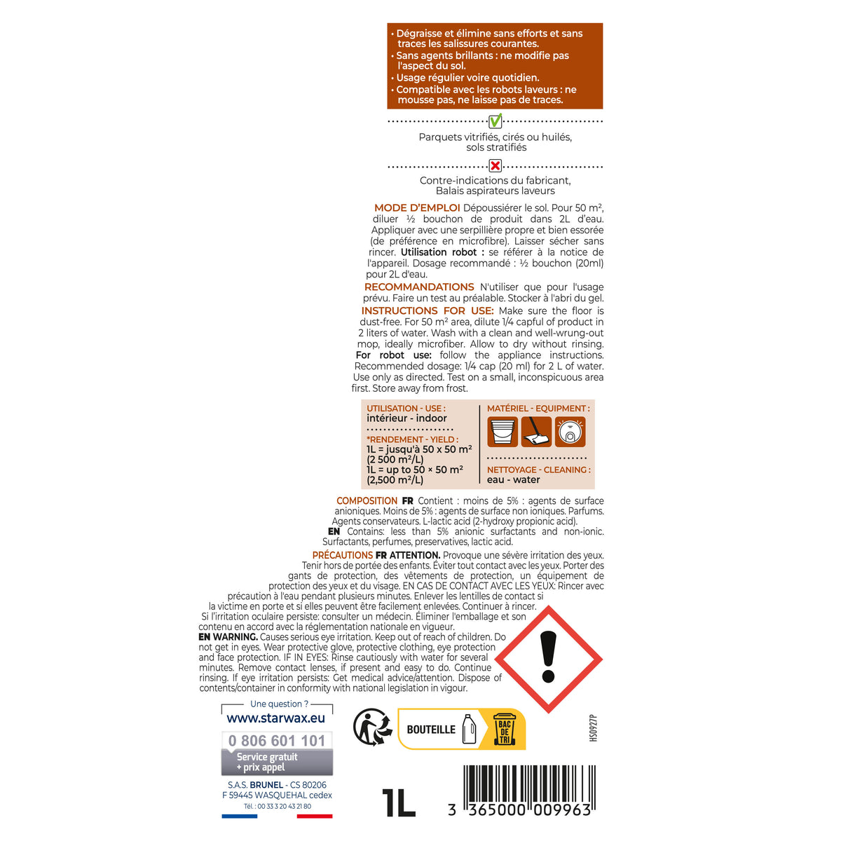 STARWAX - Nettoyant doux pour parquets et sols stratifiés
1L