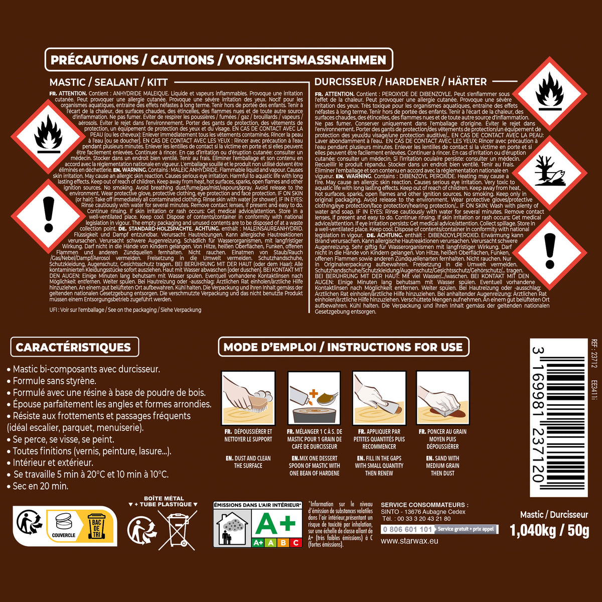 SINTO - Mastic bois standard 1,09kg Chêne
