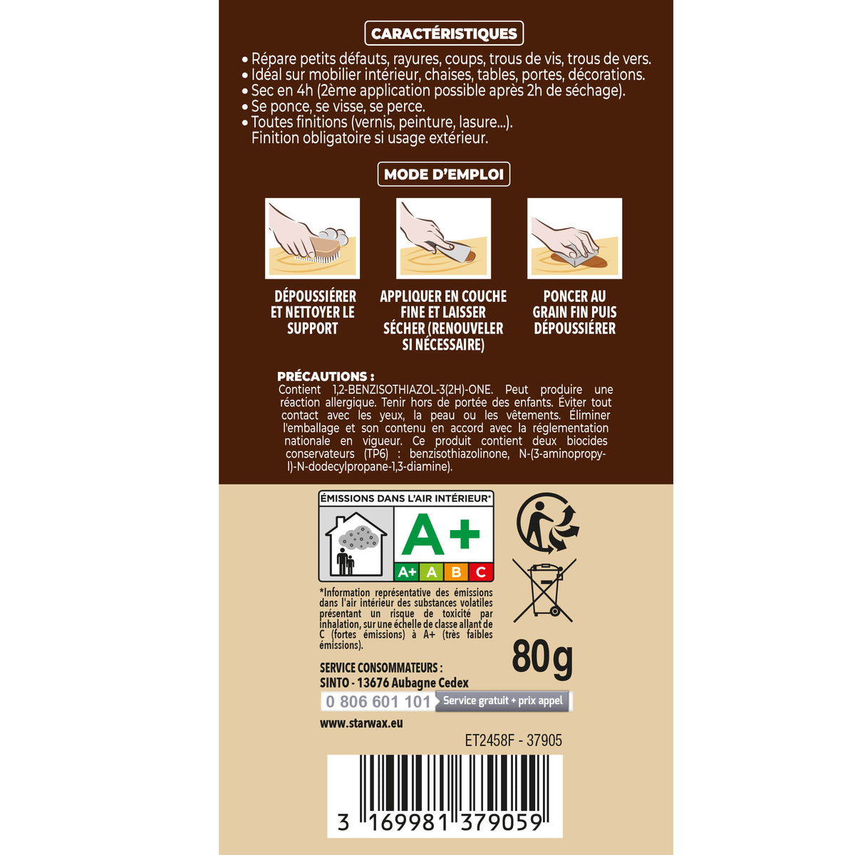 SINTO - Rebouche imperfections - Pâte à bois naturel 80g Blanc