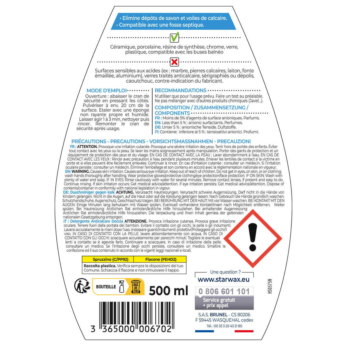 STARWAX - Nettoyant anti-calcaire pour cabine de douche 500ml