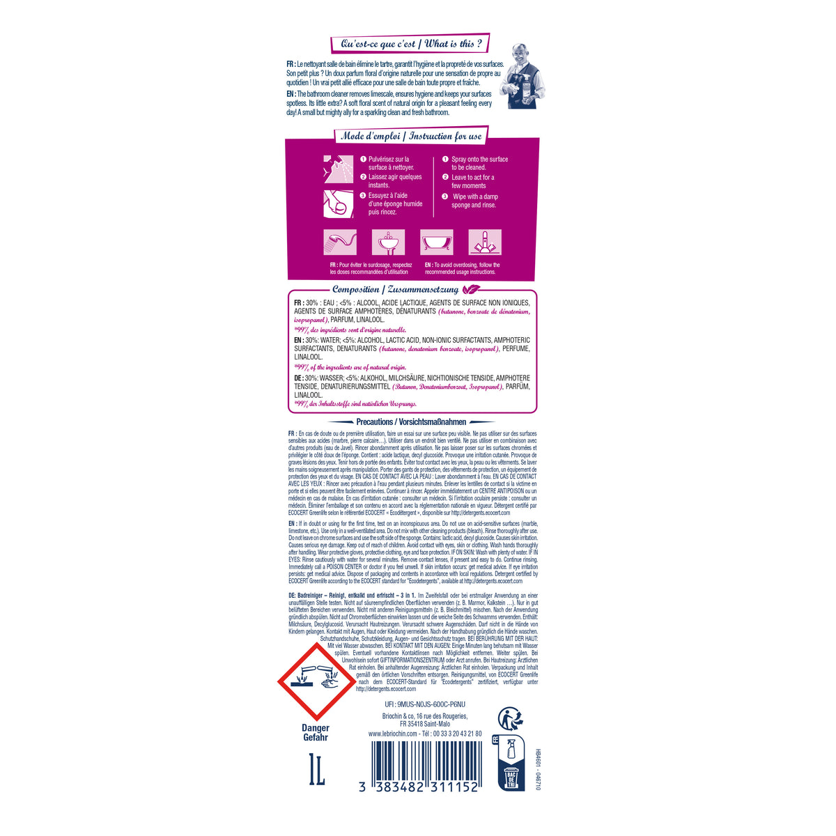JACQUES BRIOCHIN - Nettoyant salle de bain 3 en 1 parfum floral 1L Parfum floral