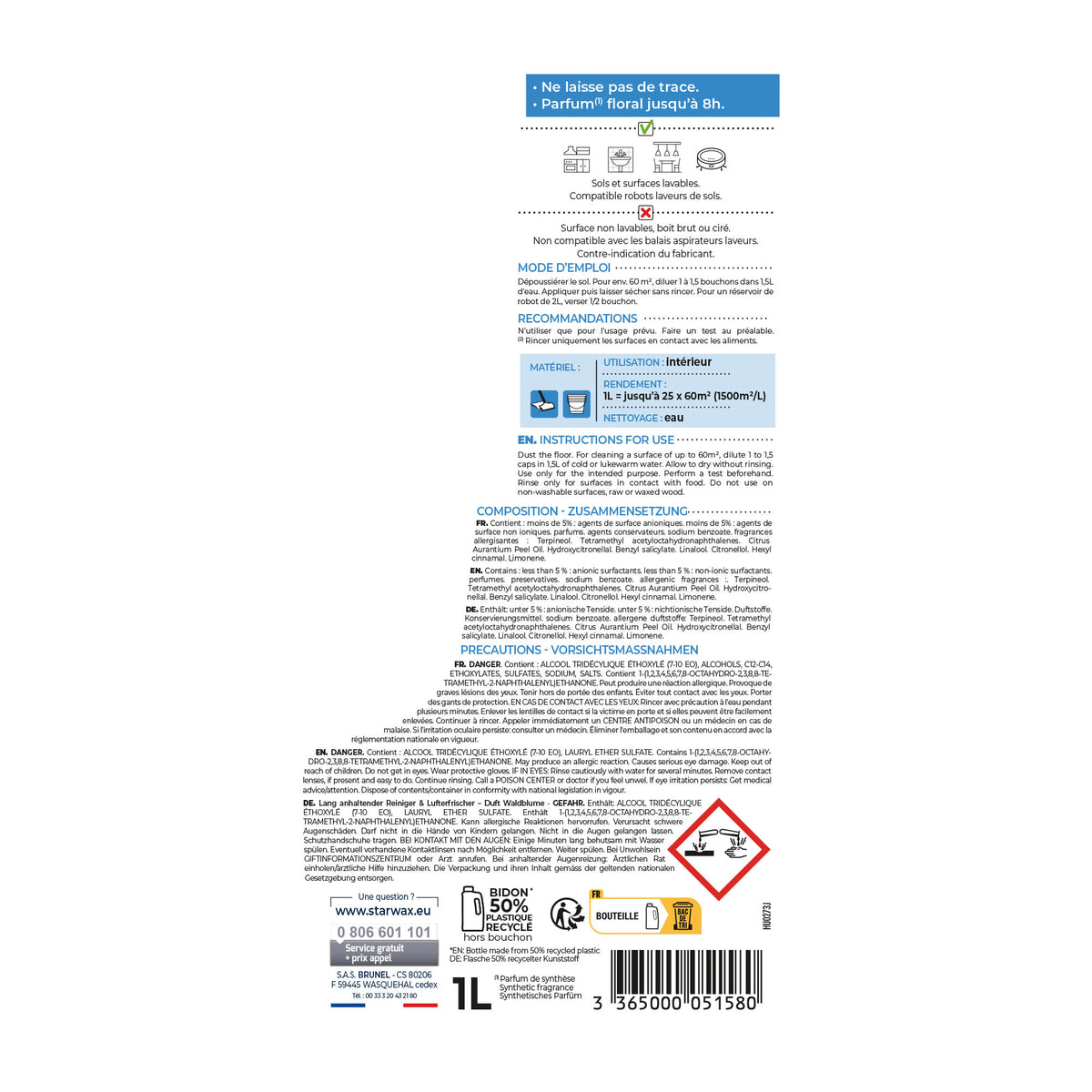 STARWAX - Nettoyant désodorisant longue durée parfum brise marine 1L Parfum brise marine