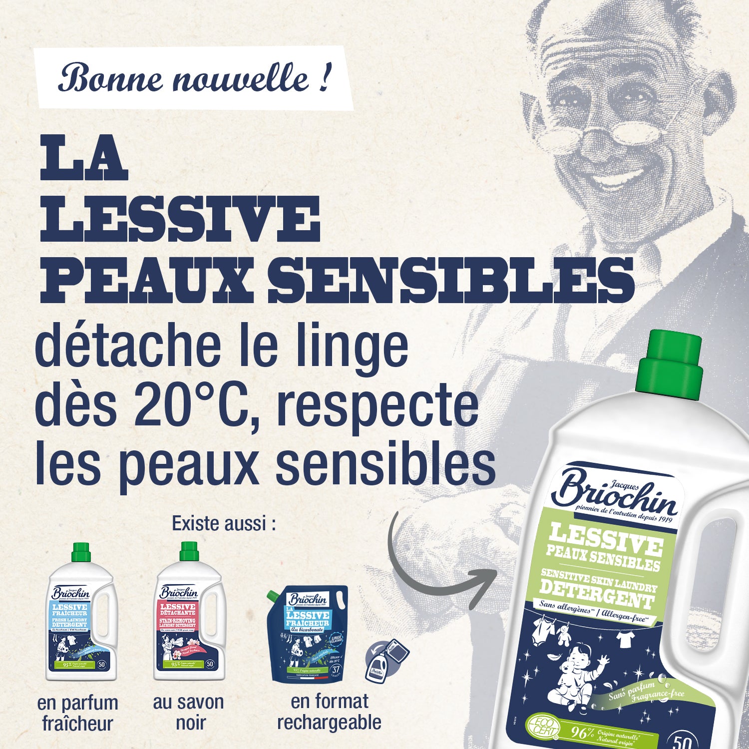JACQUES BRIOCHIN - Ma Lessive Peaux Sensibles – Sans parfum- 50 lavages 2,27l Sans parfum