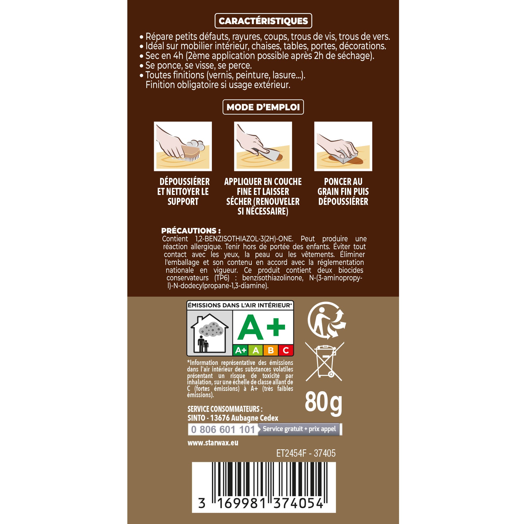 SINTO - Rebouche imperfections - Pâte à bois naturel 80g Blanc