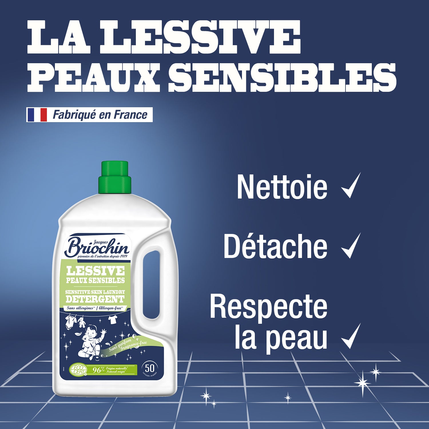JACQUES BRIOCHIN - Ma Lessive Peaux Sensibles – Sans parfum- 50 lavages 2,27l Sans parfum