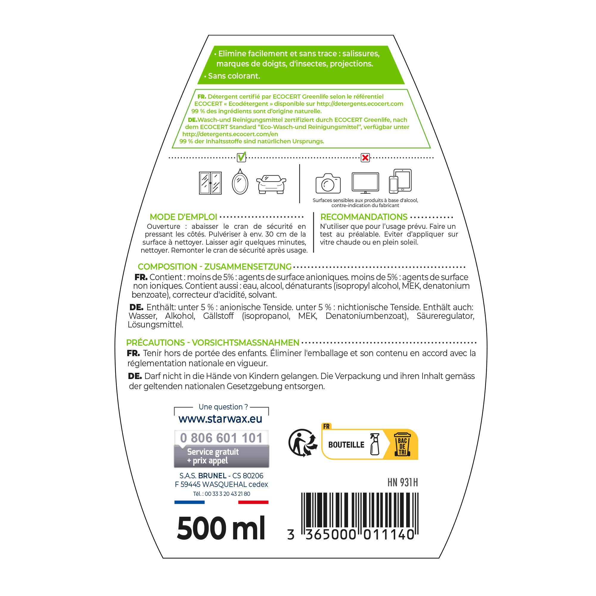 STARWAX SOLUVERT - Nettoyant spécial vitres et miroirs
500ml