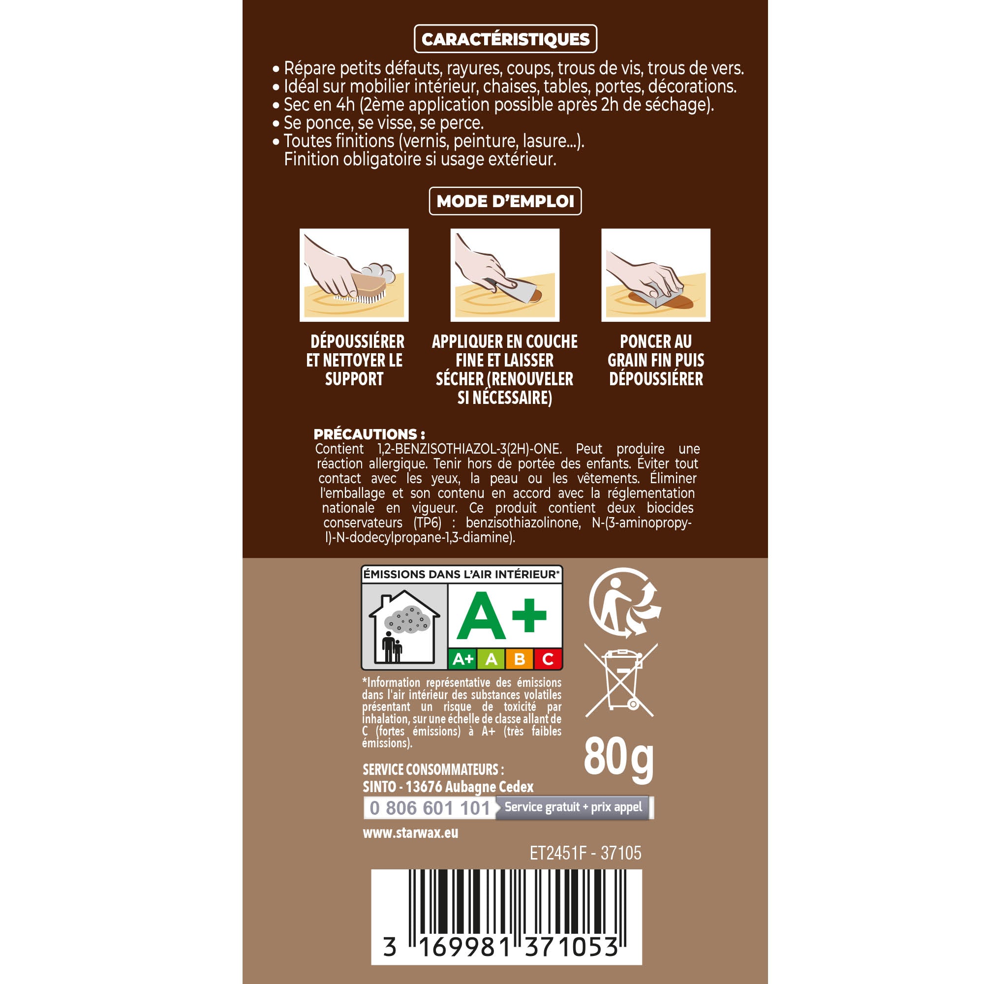 SINTO - Rebouche imperfections - Pâte à bois naturel 80g Blanc