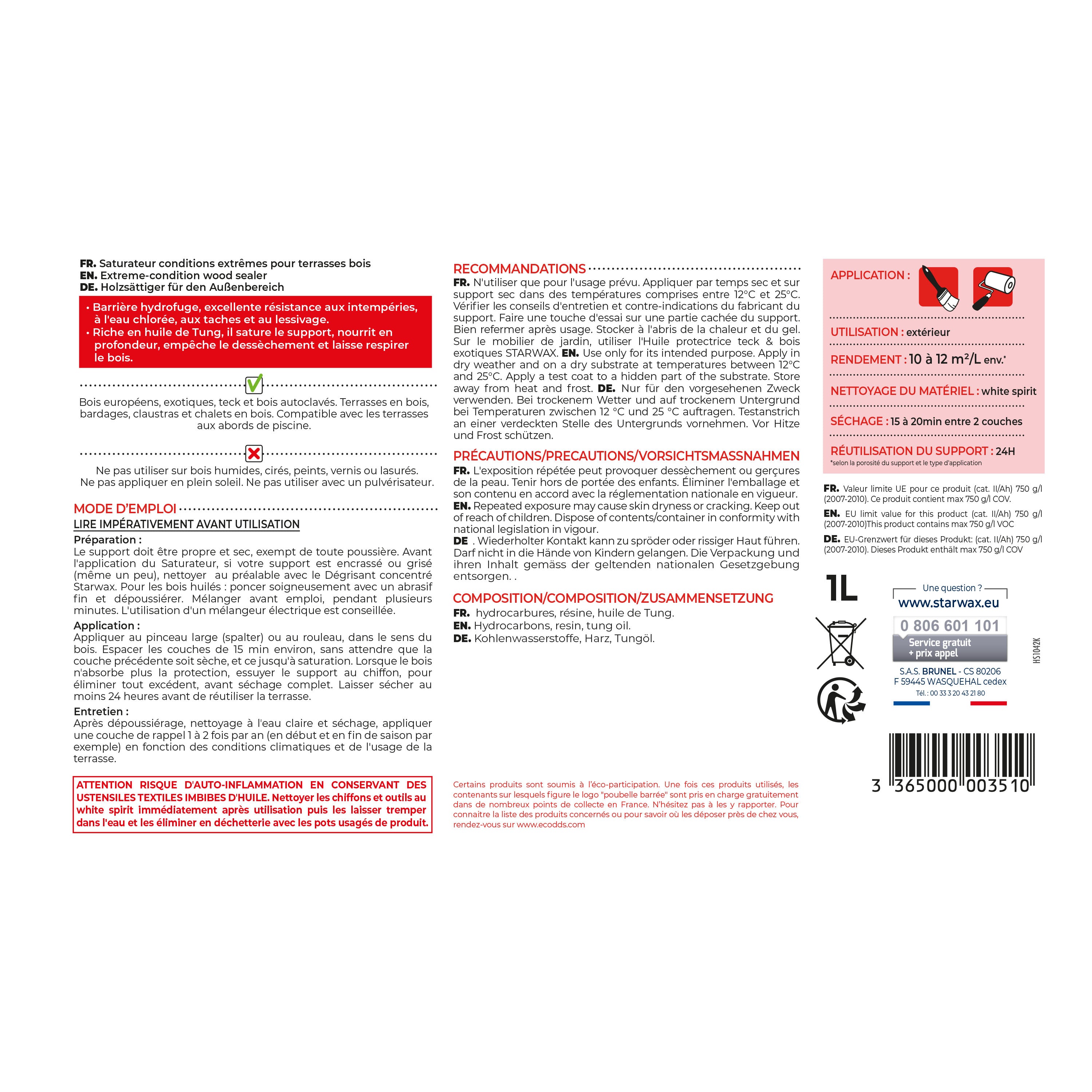 STARWAX - Saturateur bois extérieurs conditions extrêmes
1L Incolore