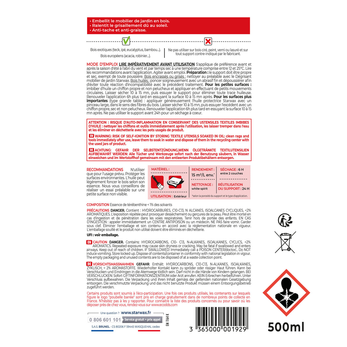 STARWAX - Huile protectrice formule enrichie pour mobilier de jardin en bois 500ml