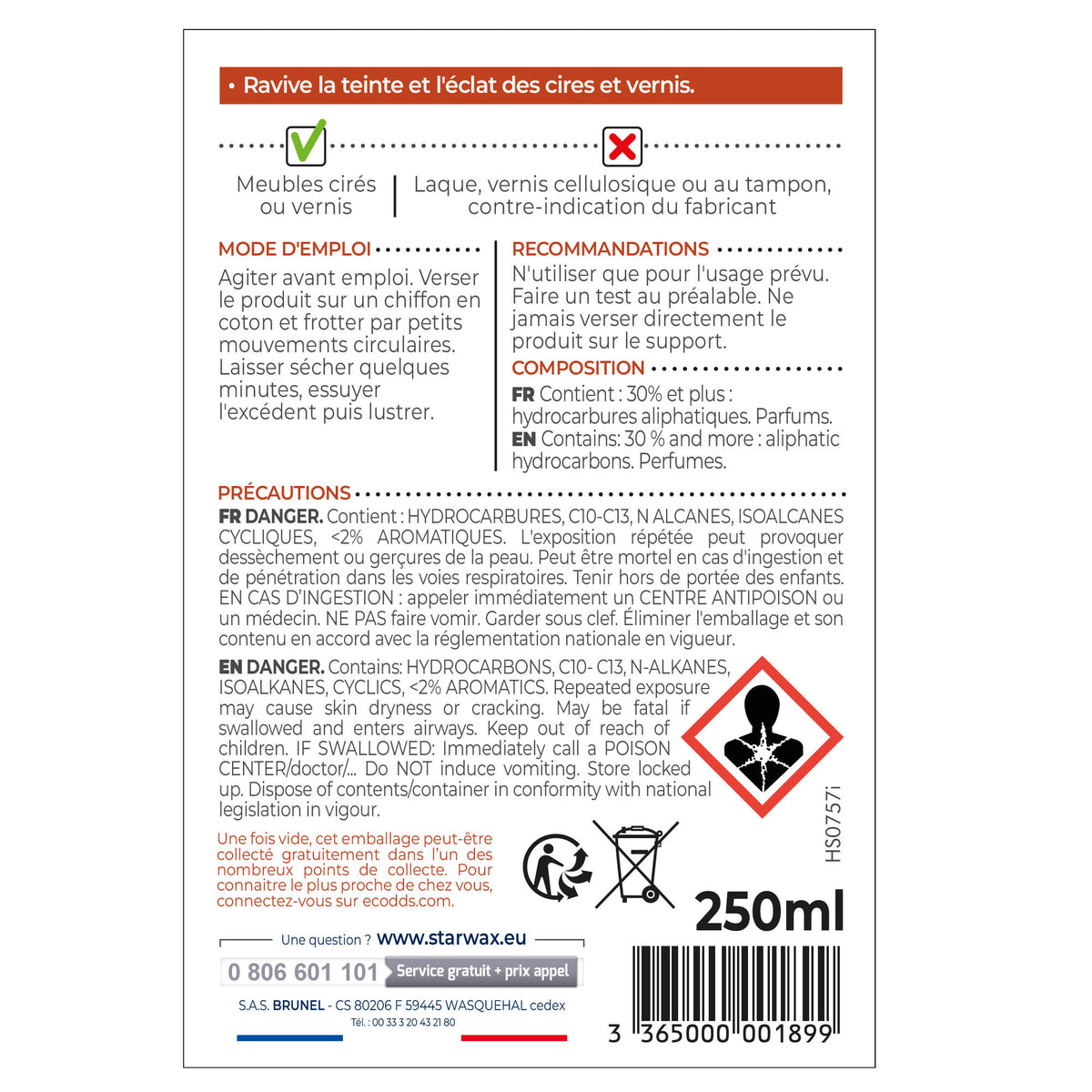 STARWAX - Régénérateur pour meubles cirés et vernis 250ml Bois clair