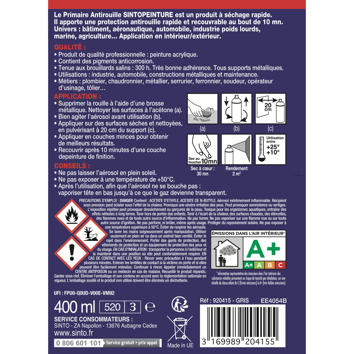 SINTO - Aérosol apprêt sous-couche 400ml Gris métal