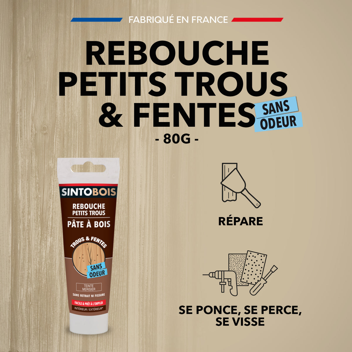 SINTO - Rebouche imperfections - Pâte à bois naturel 80g Blanc