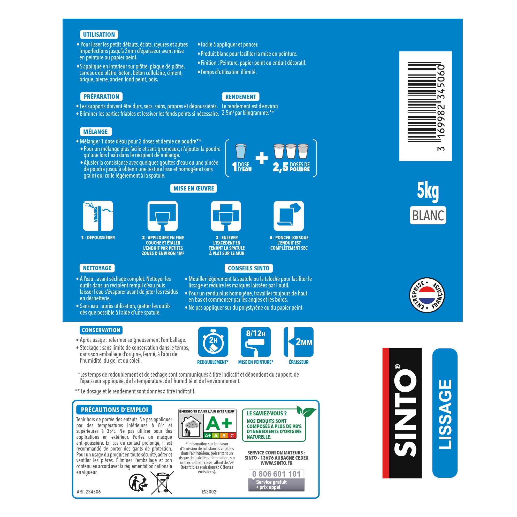 SINTO - Enduit lisage poudre 5kg Blanc