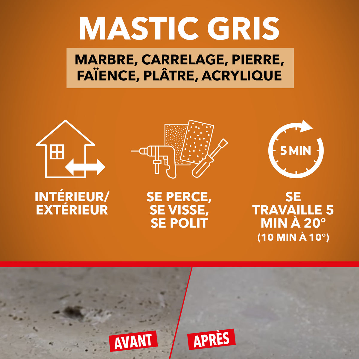 SINTO - Répare sols et murs gris (ardoise, marbre, pierre bleue, béton ciré) 280g Gris