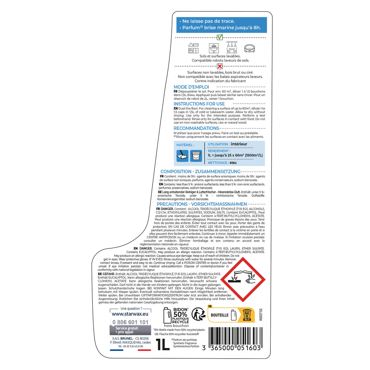 STARWAX - Nettoyant désodorisant longue durée parfum brise marine 1L Parfum brise marine