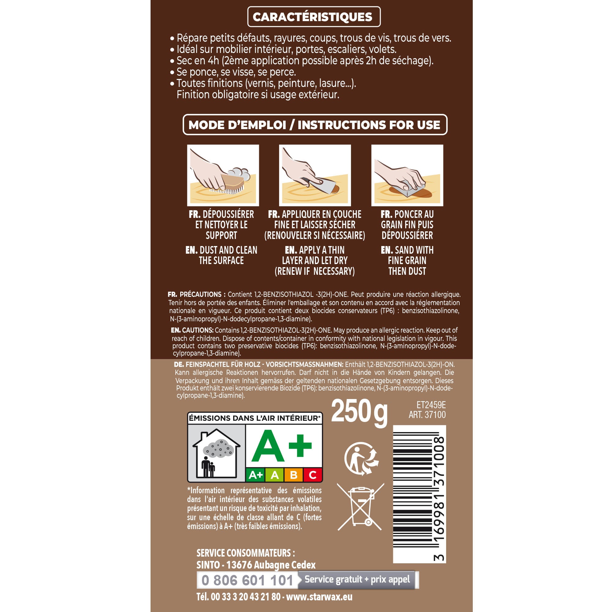 SINTO - Rebouche imperfections - Pâte à bois naturel 80g Blanc