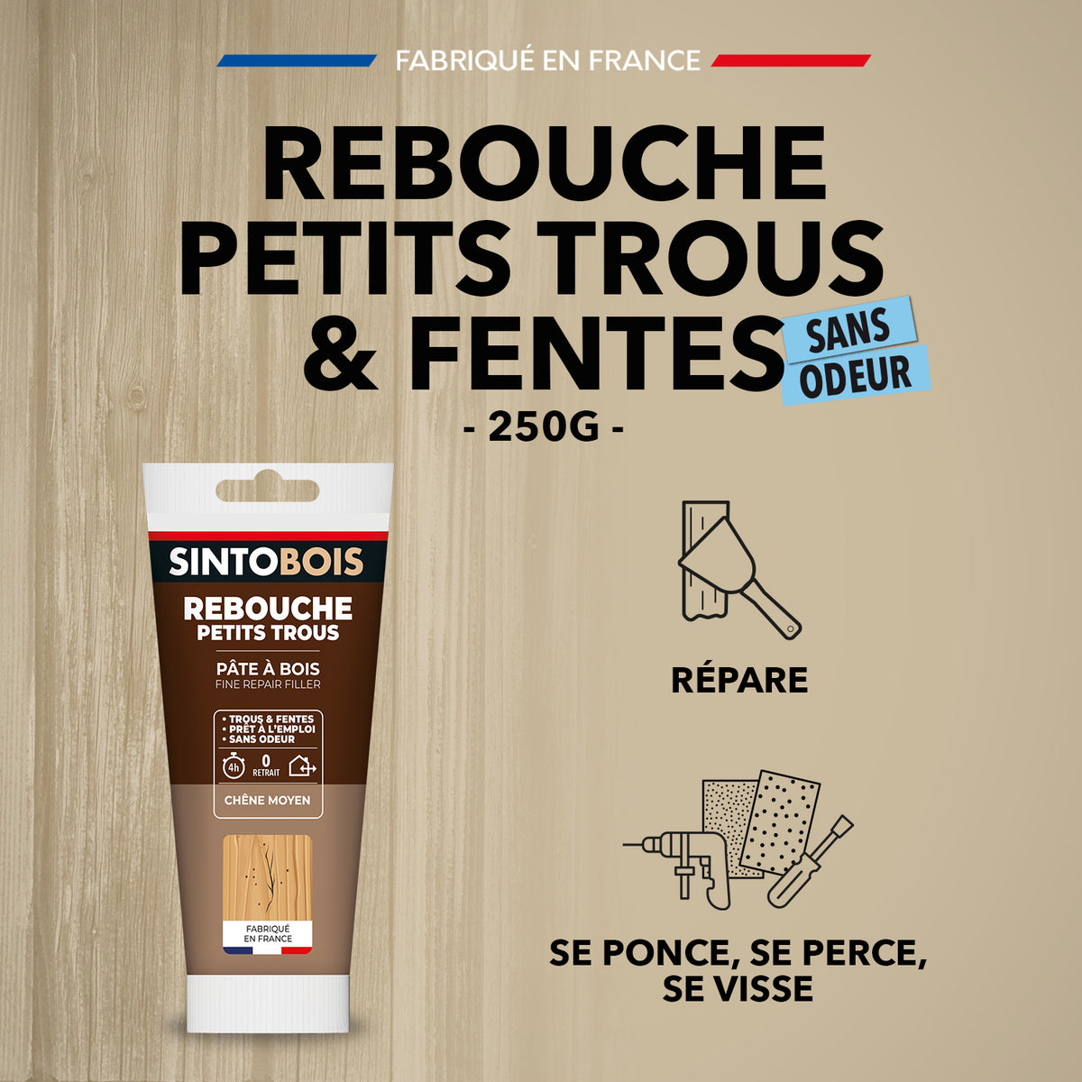 SINTO - Rebouche imperfections -  Pâte à bois naturel 80g Blanc