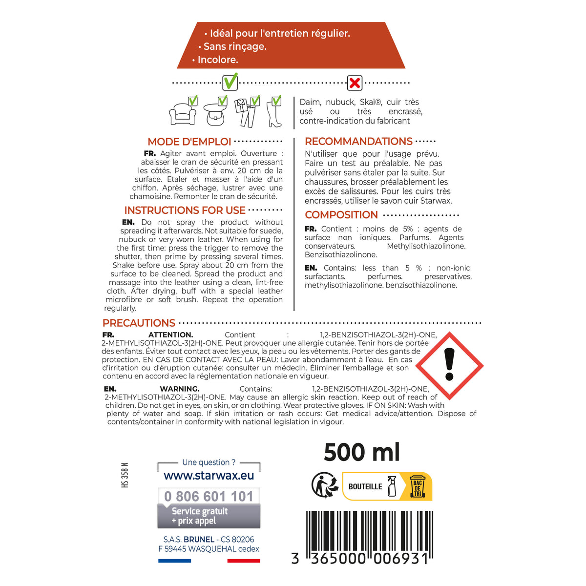 STARWAX - Lait de soin pour cuir 500ml Incolore