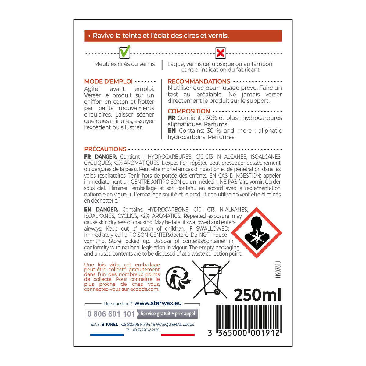 STARWAX - Régénérateur pour meubles cirés et vernis 250ml Bois clair