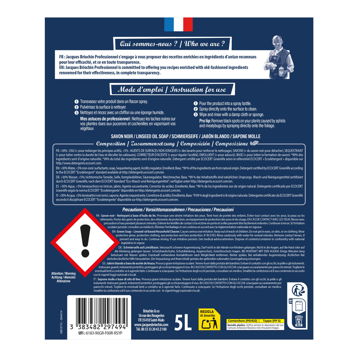JACQUES BRIOCHIN PRO - Le Savon Noir PAE Ecocert 5L Sans parfum