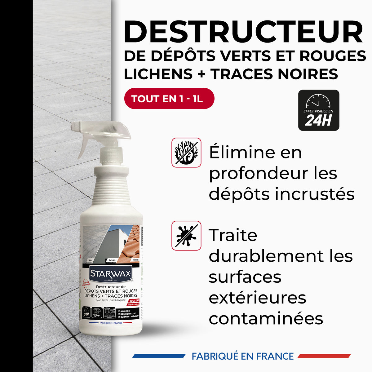 STARWAX - Destructeur de dépôts verts, rouges, lichens et traces noires prêt à l'emploi pour toitures, murs et sols extérieurs 1L