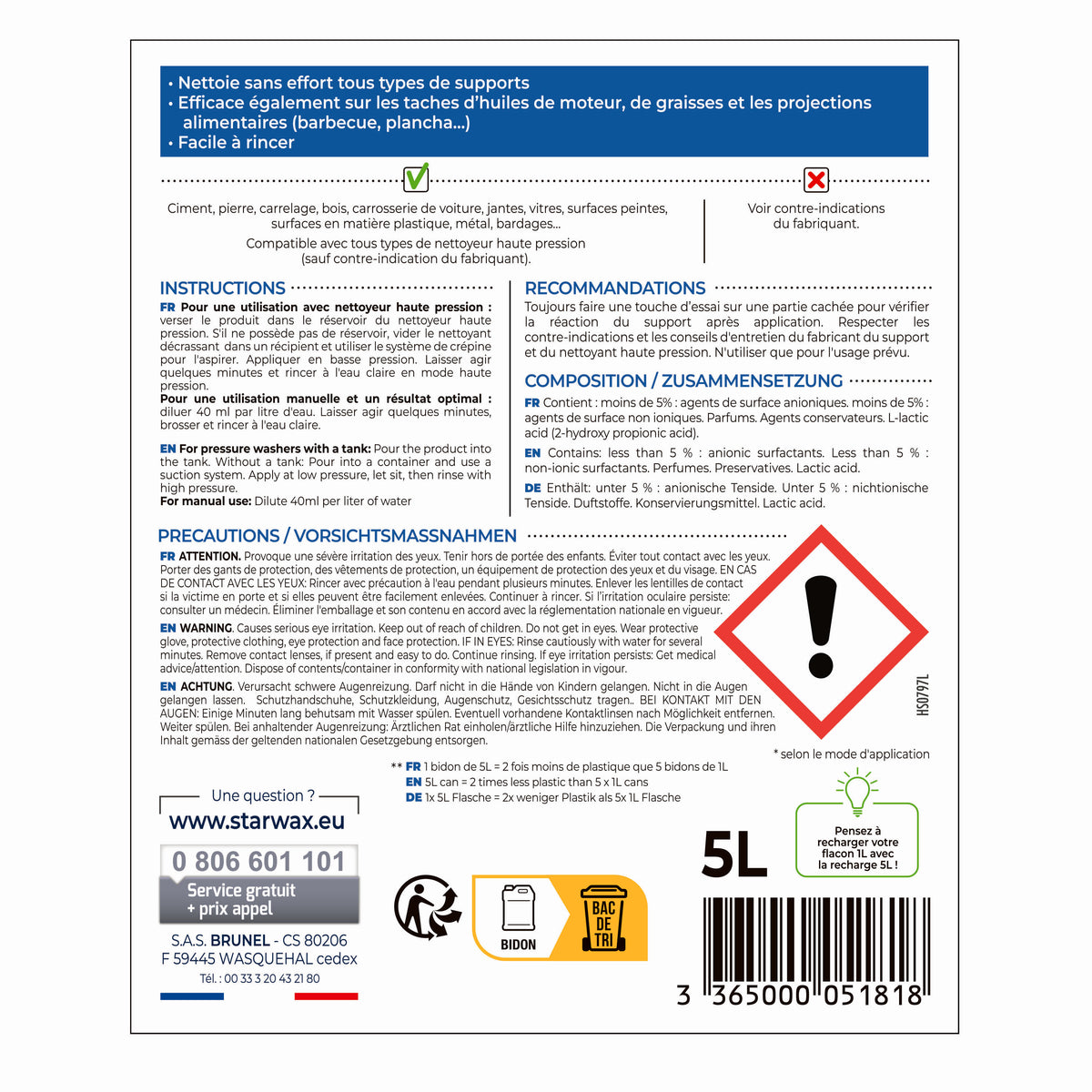 STARWAX - Nettoyant décrassant pour toitures, murs, et sols extérieurs 1L