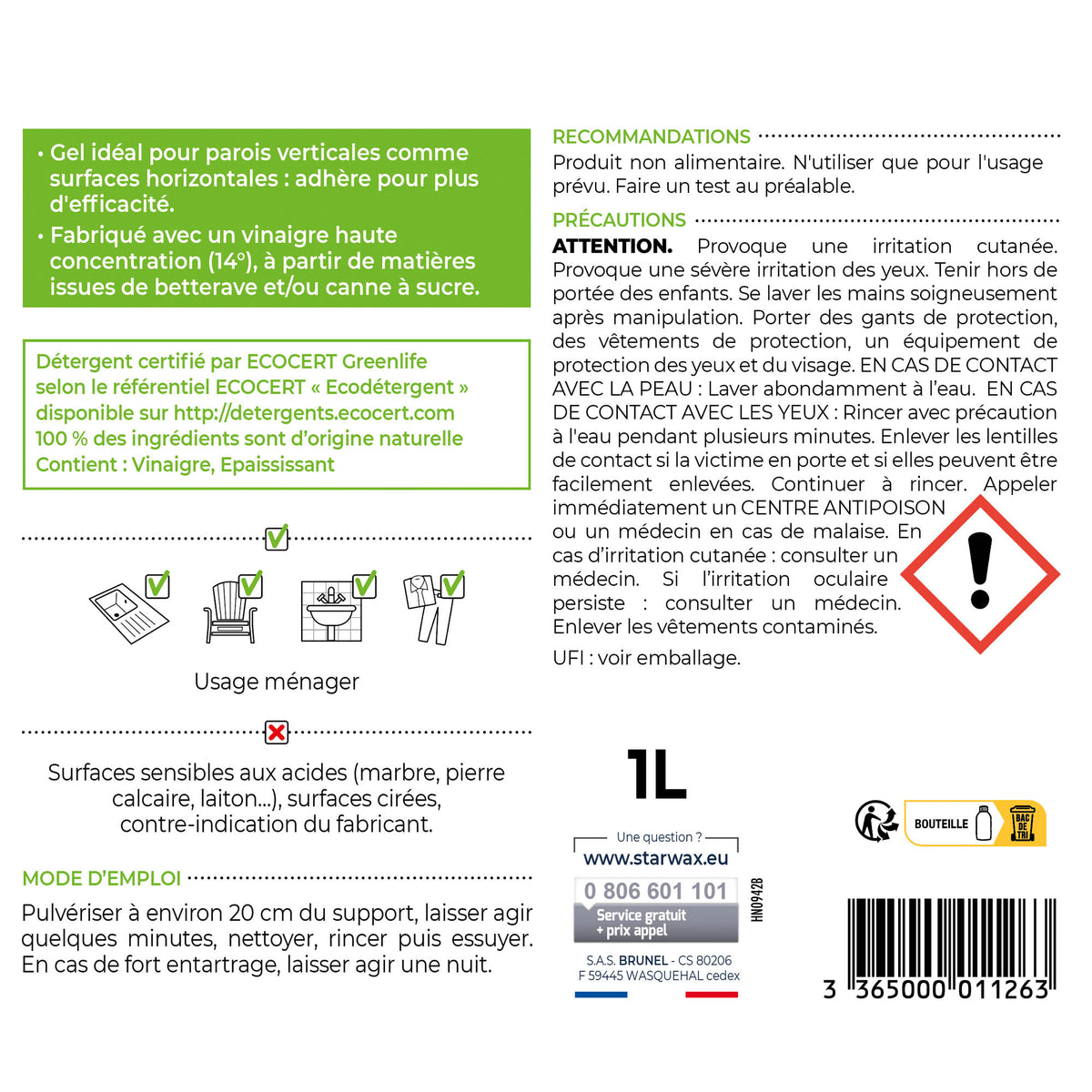 STARWAX SOLUVERT - Gel au vinaigre 14° 1L