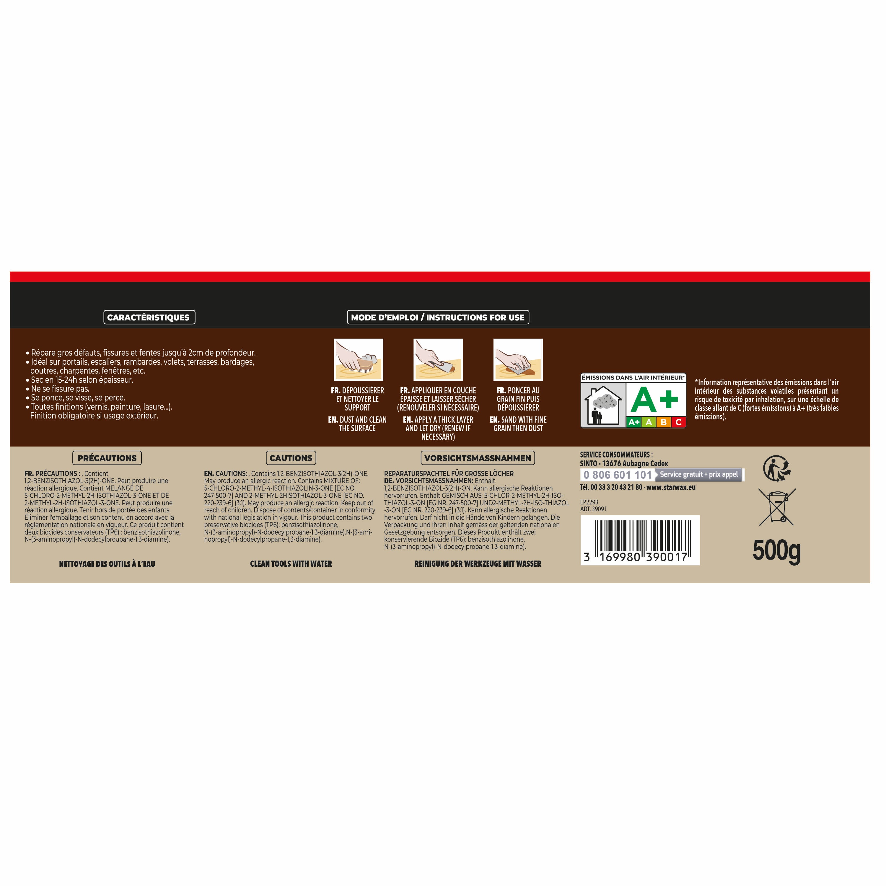 SINTO - Reboucher gros trous et fissures dans le bois clair 330g Bois clair