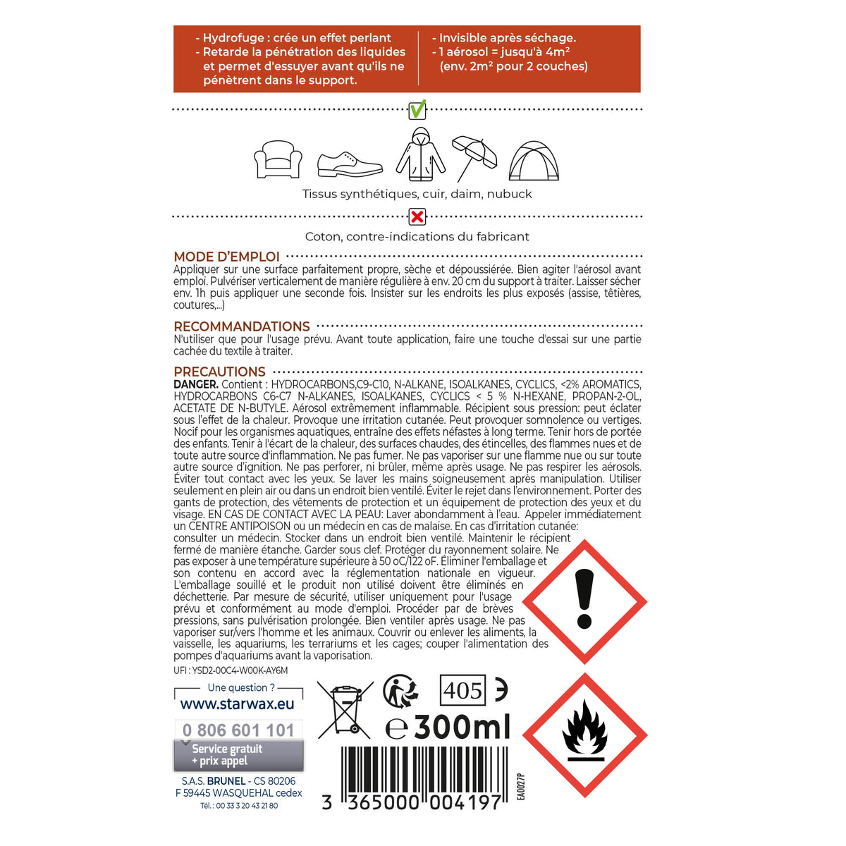 STARWAX - Aérosol Imperméabilisant Textiles et Cuir 300ml