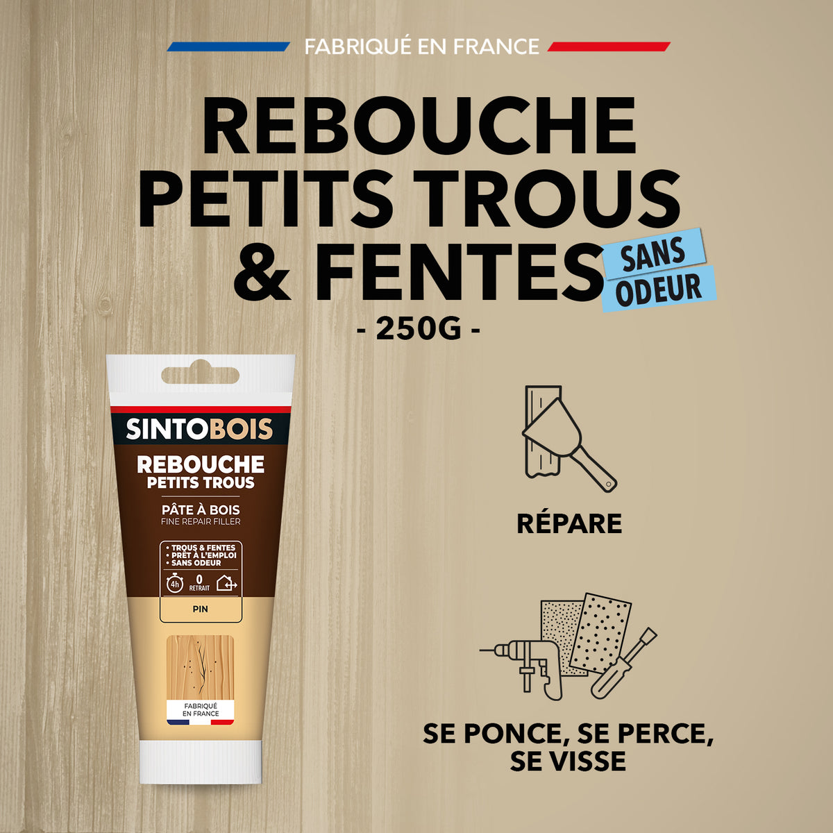 SINTO - Rebouche imperfections -  Pâte à bois naturel 80g Blanc