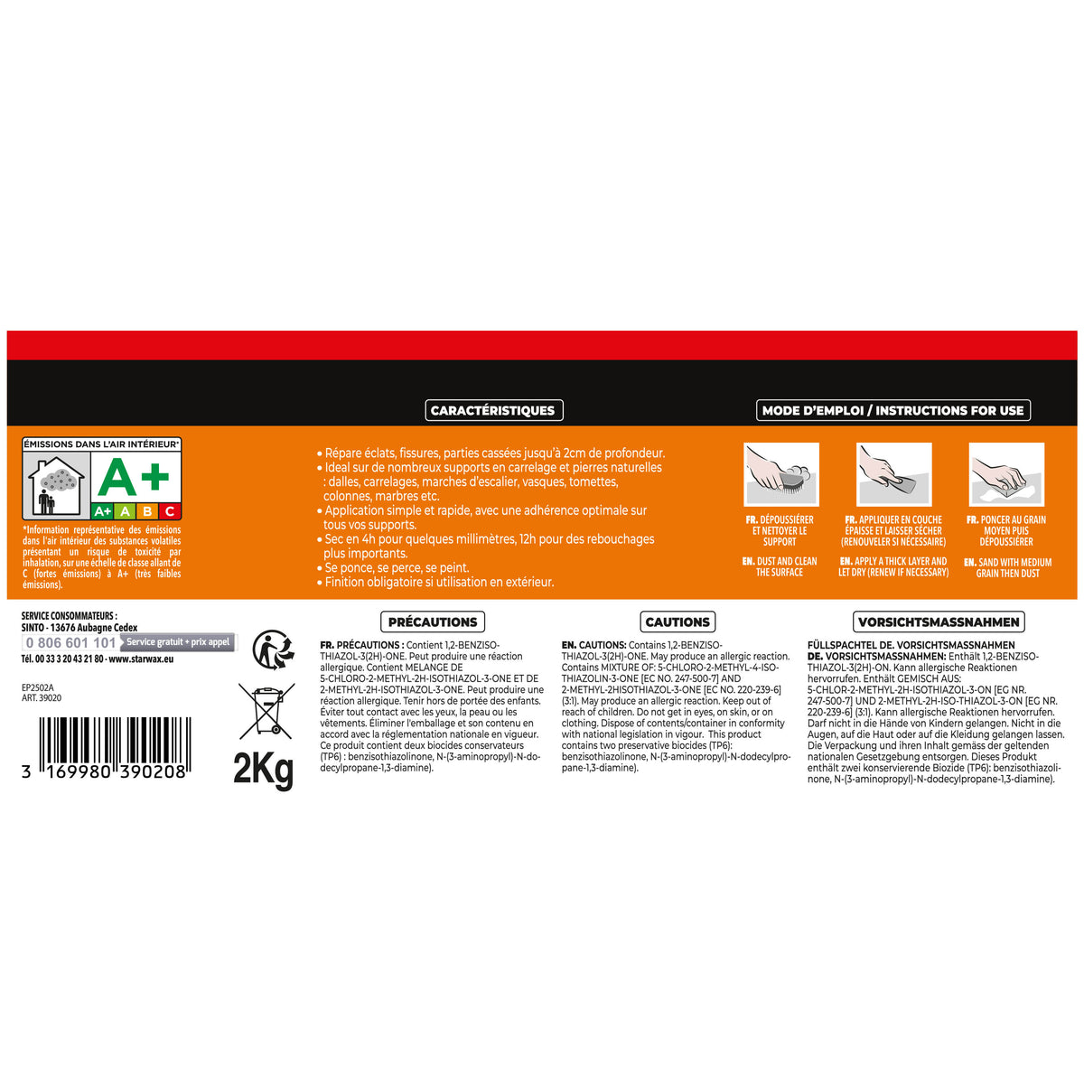 SINTO - Rebouche sols et murs - enduit de rebouchage 2Kg Blanc
