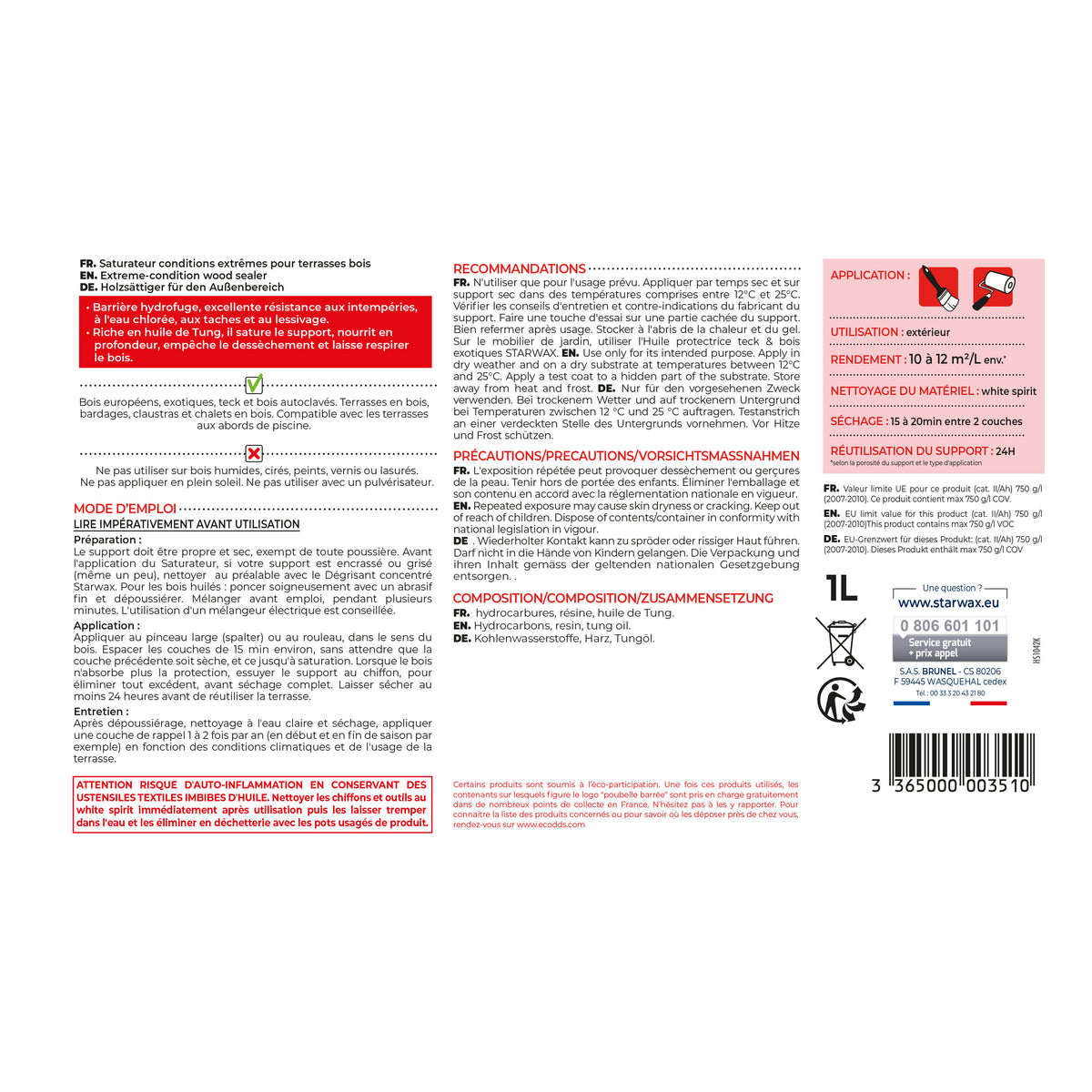 STARWAX - Saturateur bois extérieurs conditions extrêmes
 1L Incolore