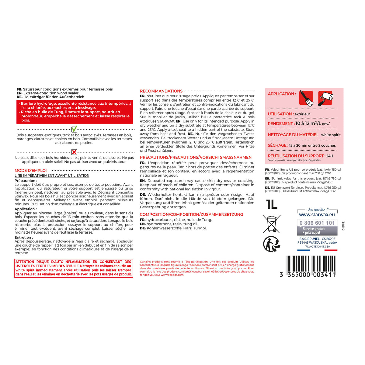STARWAX - Saturateur bois extérieurs conditions extrêmes
 1L Incolore