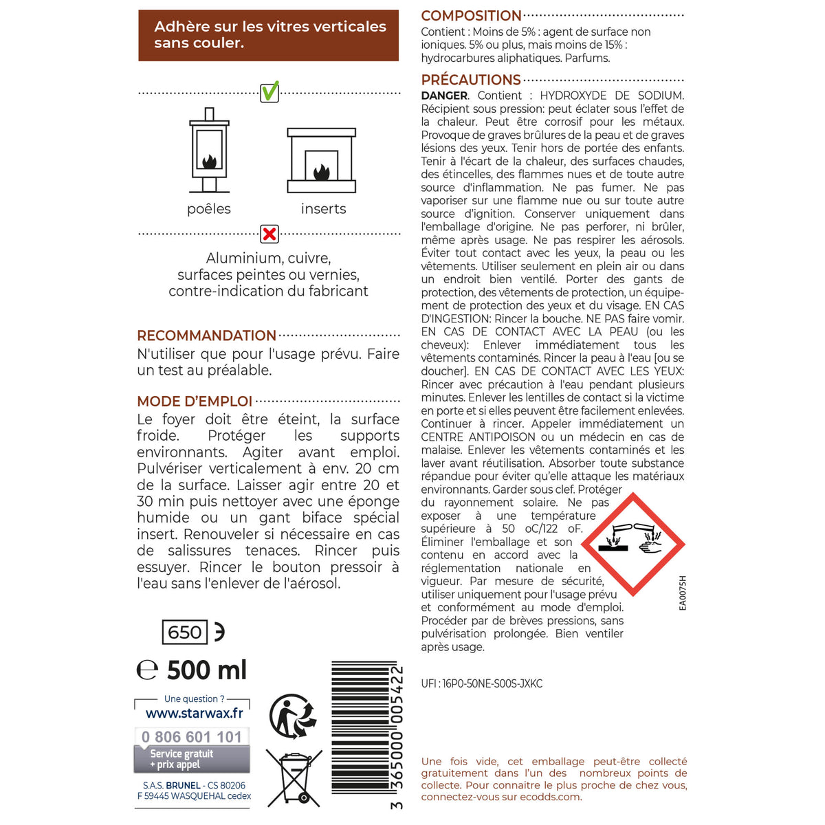 STARWAX - Mousse nettoyante inserts pour poêle et cheminée 500ml