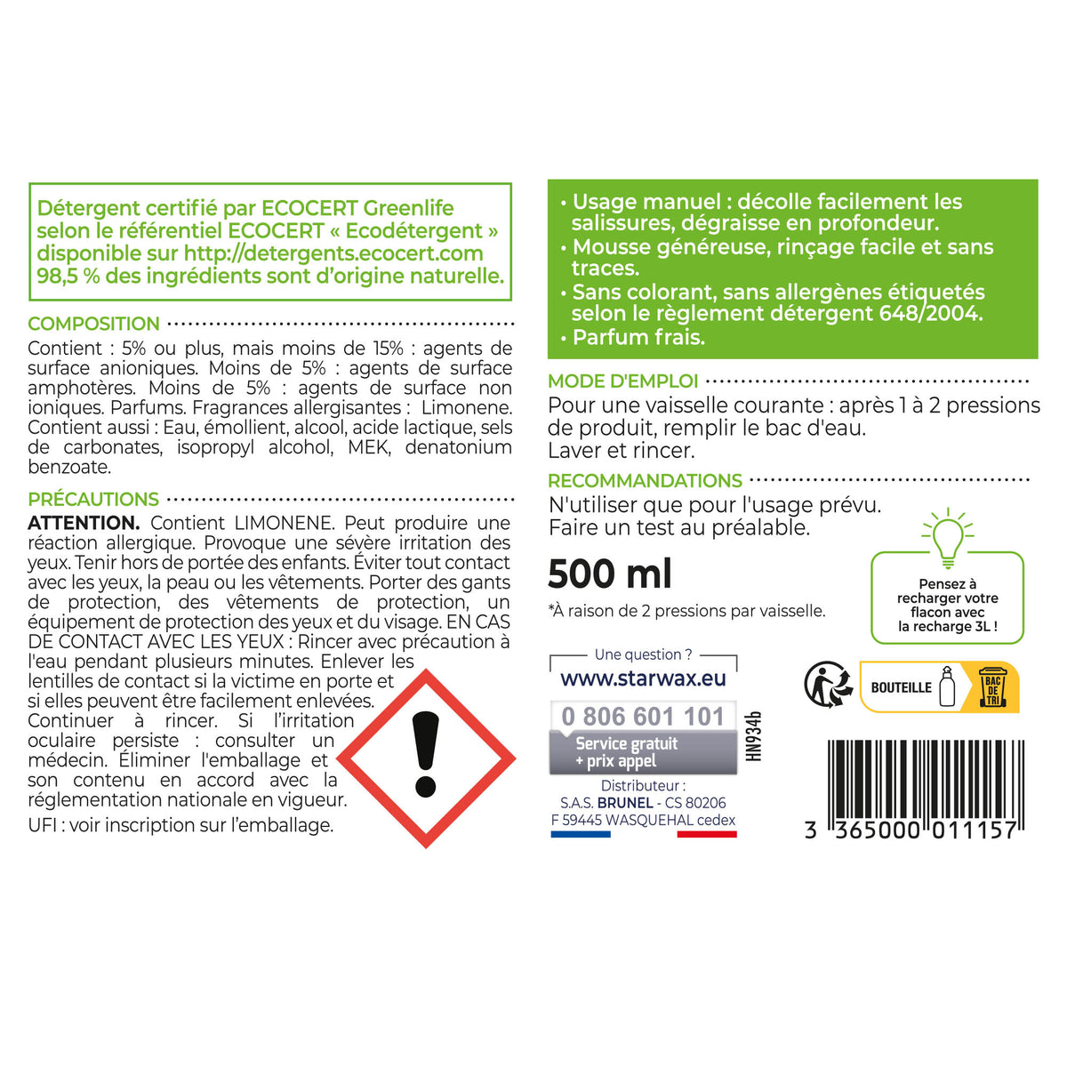 STARWAX SOLUVERT - Gel vaisselle concentré 500ml