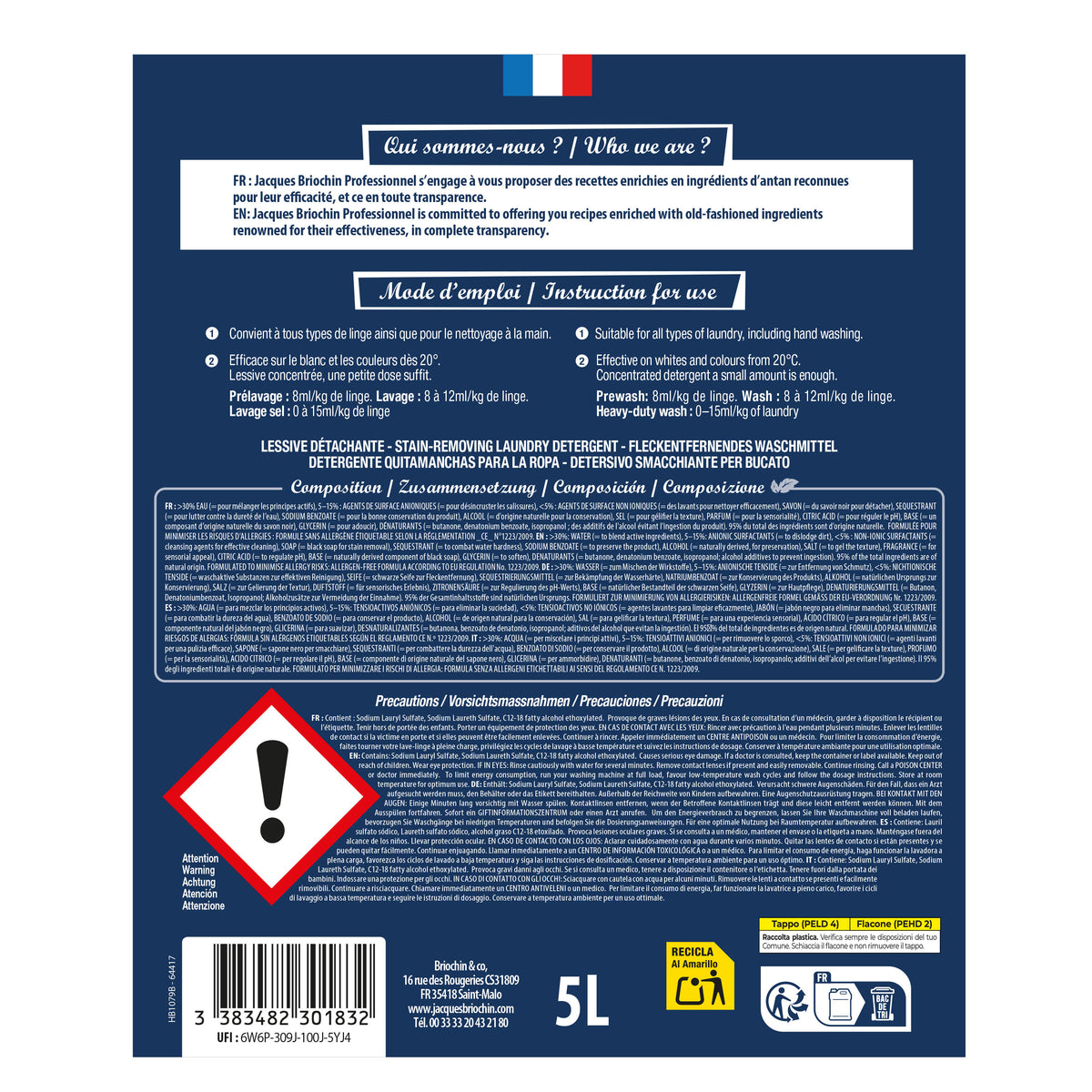 JACQUES BRIOCHIN PRO - La Lessive au Savon Noir - Détachante 5L Parfum bouquet floral