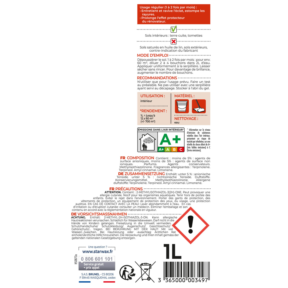 STARWAX - Lait de brillance pour tomettes et terres cuites
 1L