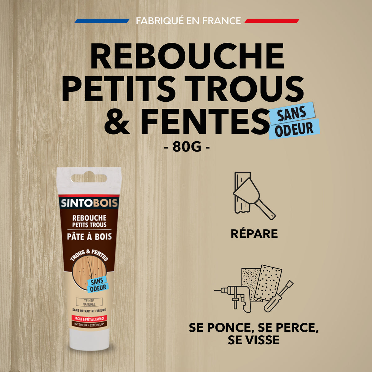 SINTO - Rebouche imperfections -  Pâte à bois naturel 80g Blanc